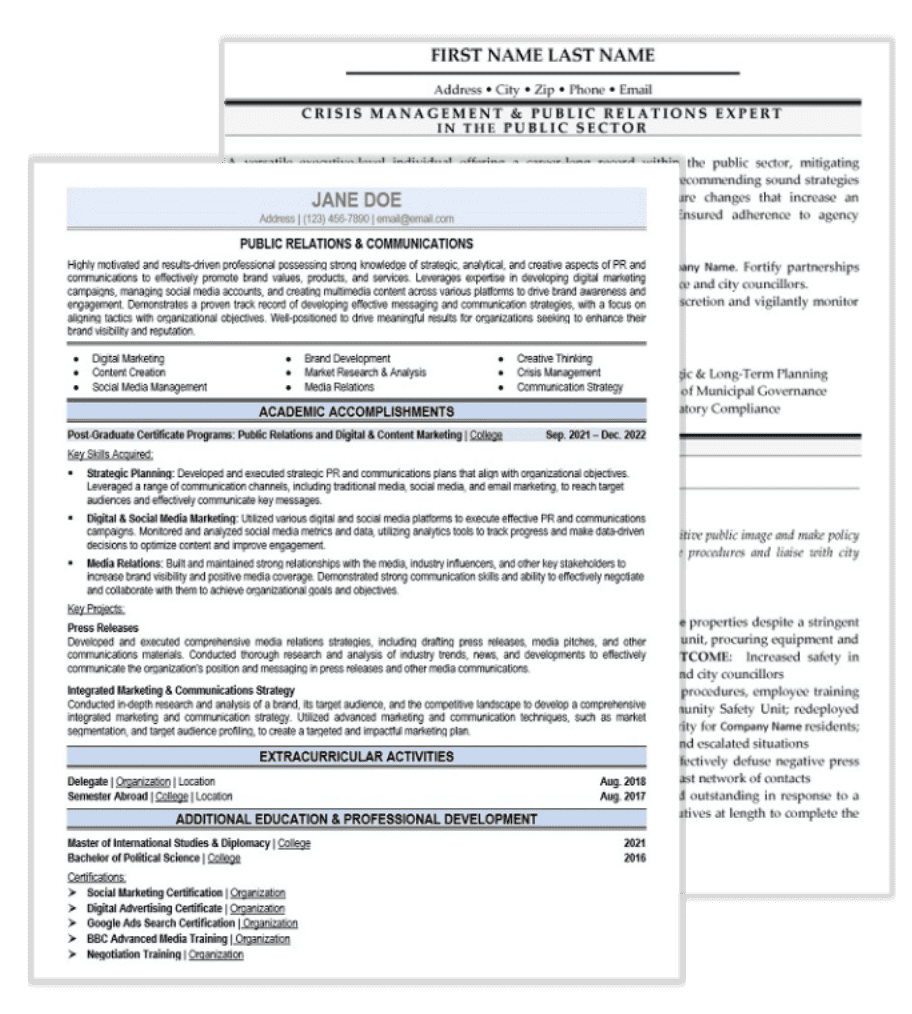 Public Relations Resume Samples